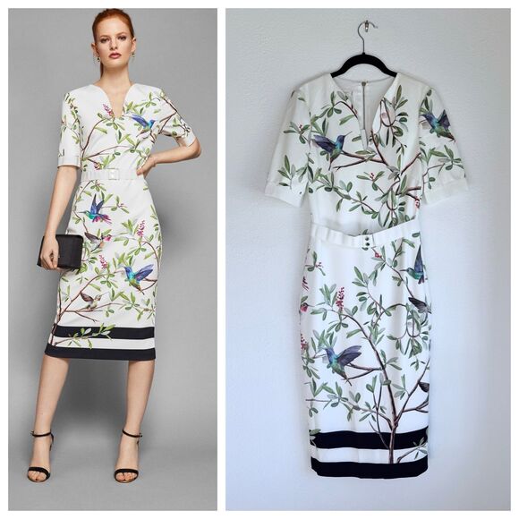 NWT Ted Baker Everly Bird Print Short Sleeve Sheath Dress in White/Multi Size 6